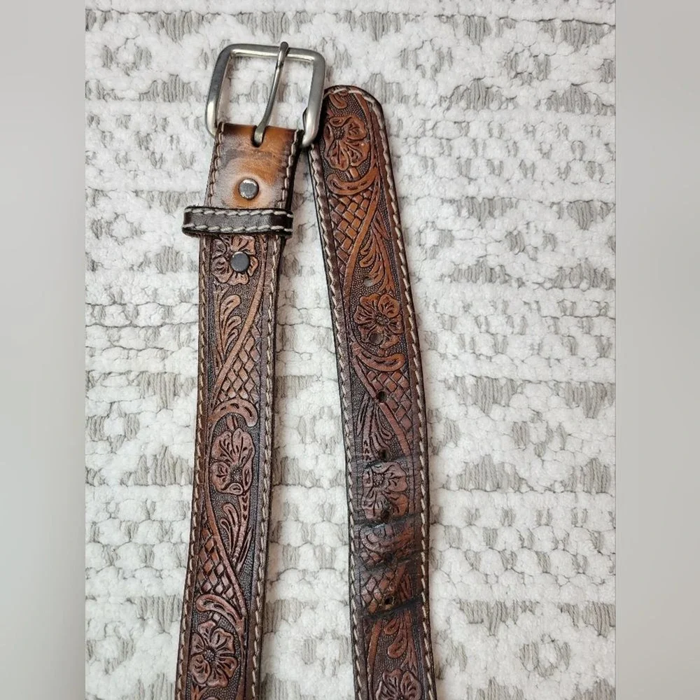 Belt Co Brown Tooled Leather Belt Men's Embellished Florid Western USA Size 38